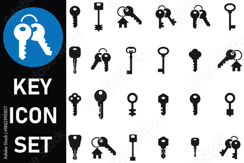 Set of keys icon collection. Modern and Antique key silhouettes. Key symbol icon set.  Keys and locks. Car, door, house, lock, locker and more key vector icon set. Vector illustration.