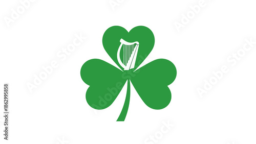 Green Shamrock with Harp Silhouette on White Background, Irish Symbolism