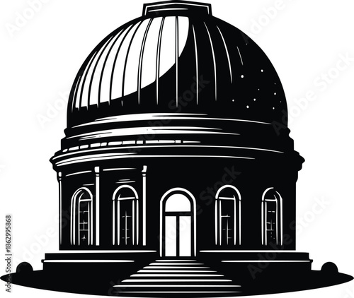 An elegant black and white illustration of an astronomical observatory building