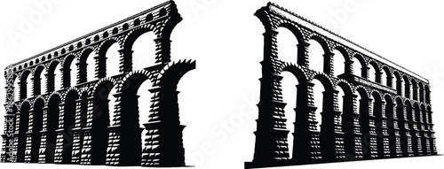 A striking black and white illustration of a historic roman aqueduct structure
