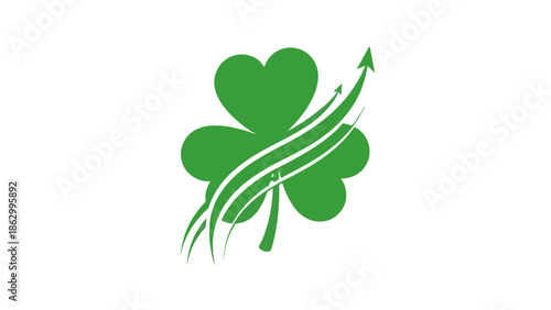 Green Shamrock with Upward Arrow and Growth Lines on White Background