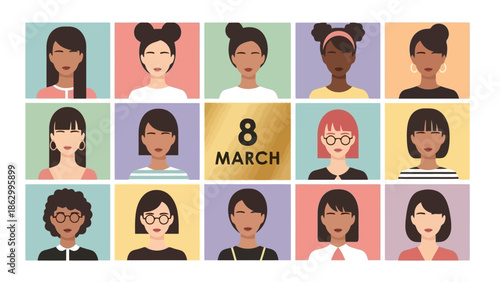 A grid of diverse women's portraits celebrating International Women's Day on March 8th.