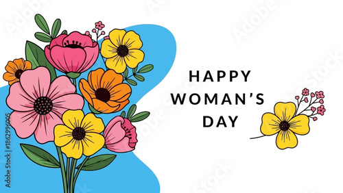 A vibrant bouquet of colorful flowers with the text "Happy Woman's Day" on a white background with a blue abstract shape.