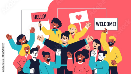 Diverse group of individuals gathered together, holding welcome signs and greeting each other with enthusiasm and warmth in a vibrant scene.