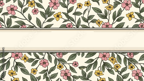 A vintage floral pattern with pink and yellow flowers and green leaves on a cream background, featuring a central cream banner for text.