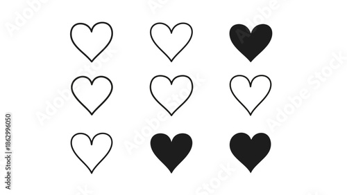 Collection of Nine Heart Shapes, Outline and Solid Black, Minimalist Vector Design