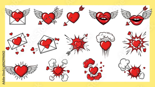 Collection of Pop Art Hearts with Wings, Arrows, Lips, and Explosions