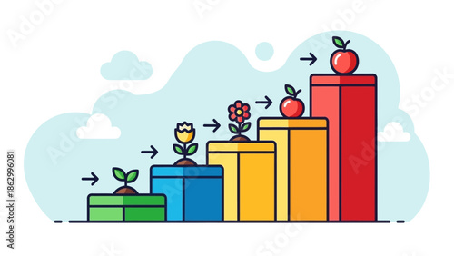 A colorful bar graph with growing plants and fruit on top, showcasing growth and progress in a vibrant, illustrative style