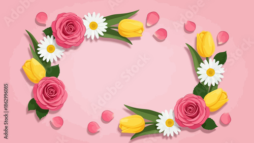 A beautiful floral arrangement featuring pink roses, yellow tulips, and white daisies on a soft pink background, with scattered petals and macarons.
