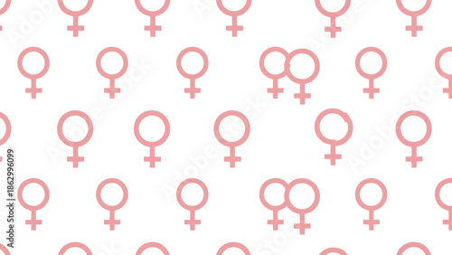 A seamless pattern of pink Venus symbols on a white background, representing femininity and gender.