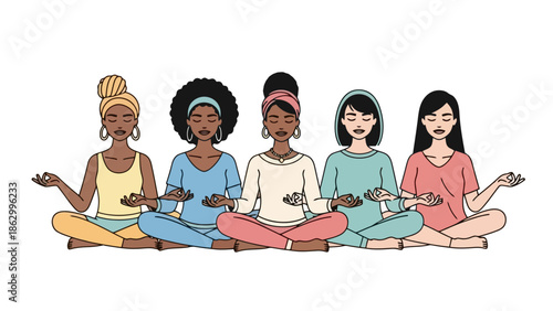 Diverse group of women meditating peacefully in a row, practicing mindfulness and inner calm.