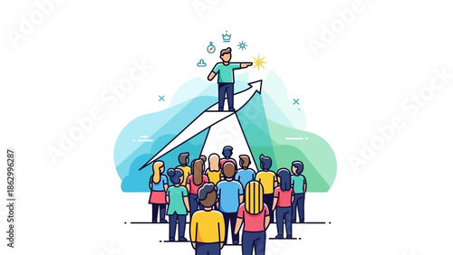 A leader guiding a diverse group of people upward on a rising arrow, symbolizing progress and teamwork in a vibrant illustration.