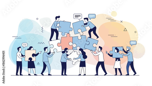Team members assembling large puzzle pieces together to represent collaboration and teamwork concept in a modern illustration style