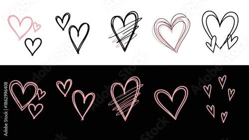 Hand Drawn Pink and Black Hearts Doodle Collection on White and Black Background