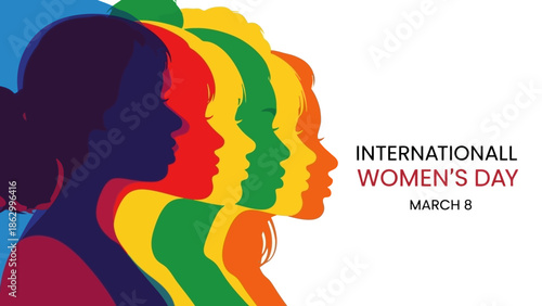 International Women's Day celebrated with diverse women's profiles in vibrant colors on March 8th.