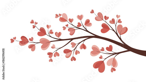 Branch with Pink Heart-Shaped Leaves on White Background, Romantic Vector Illustration