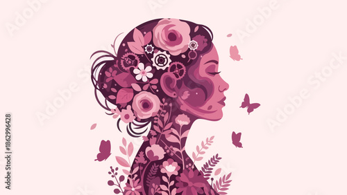 Beautiful Woman Silhouette Profile Decorated with Flowers and Butterflies in Pink Tones
