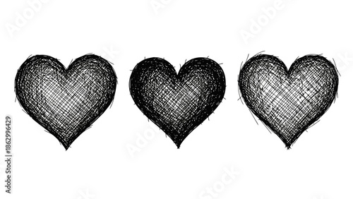 Hand Drawn Black Hearts Sketch Style Isolated on White Background
