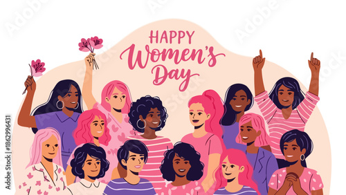 A diverse group of women of various ethnicities and ages celebrating International Women's Day with flowers and raised fists.
