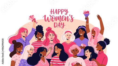 A diverse group of women celebrating International Women's Day with joy and flowers, promoting equality and empowerment.