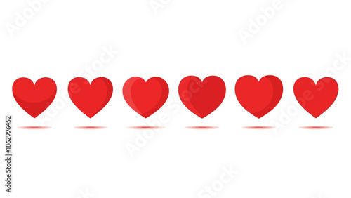 Row of Six Red Hearts with Soft Shadows on White Background, Vector Illustration
