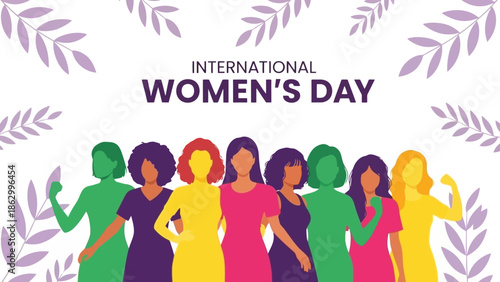 Illustration of diverse women standing together to celebrate International Women's Day with purple floral accents.