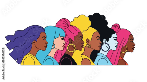 Diverse group of women with vibrant colorful hairstyles, illustration of female unity