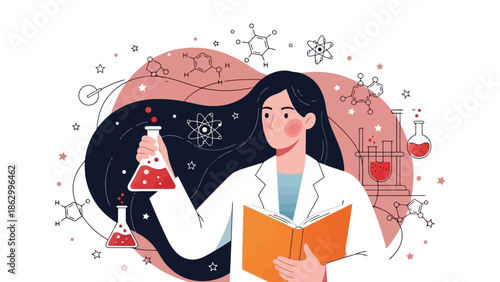 Woman Scientist with Flasks and Molecules Illustrating Scientific Discovery and Research