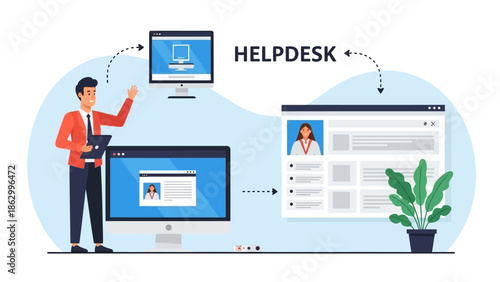 A person interacting with a helpdesk interface on a computer screen in an office environment