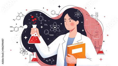 Scientist Woman Holding Beaker with Bubbles and Holding a Book, surrounded by Molecules