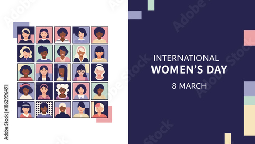 International Women's Day illustration with diverse women's portraits and geometric shapes
