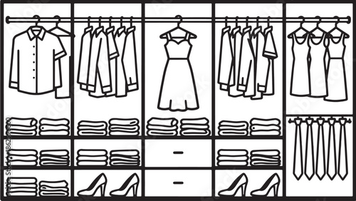 A detailed illustration of an organized wardrobe, showcasing a variety of garments. From dresses to shirts and ties, meticulously arranged within drawers and shelving units.