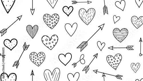 Hand-Drawn Hearts and Arrows Seamless Pattern, Valentine's Day Doodles and Symbols