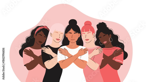 Diverse group of women embracing each other, celebrating unity and self-love