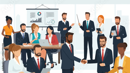 Business professionals collaborating in a modern office setting with a presentation