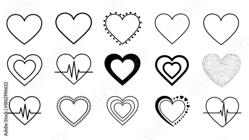 Collection of Diverse Heart Vector Icons for Romantic and Health Concepts