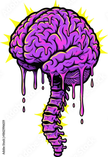 Stylized dripping brain on spine pop art graphic illustration.