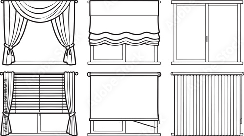 Variety of window treatments, each meticulously rendered in crisp lines, presenting a comprehensive study of window decor options. From elegant curtains to practical blinds.