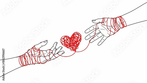 Red String of Fate Connecting Hands and Heart Symbol, Love and Destiny Concept