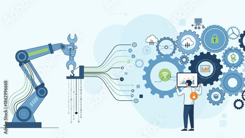 Industrial robot arm assembling parts in a futuristic factory setting with a technician overseeing the process