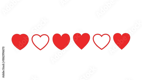 Collection of Red and Outline Hearts on White Background, Romantic Symbolism