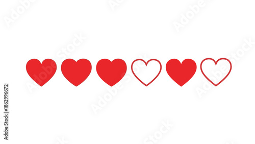 Set of six hearts, three solid red and three outlined, on white background