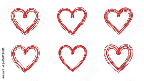 Set of Six Red Hand-Drawn Style Hearts, Abstract Scribble Art on White Background