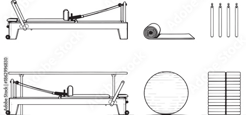 Detailed monochrome line drawings showcase exercise equipment used in pilates: reformer machine, yoga mat, Pilates equipment, balance board, and other accessories. 