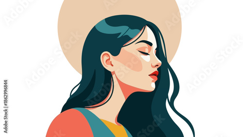 Serene Woman with Flowing Hair and Halo, Vector Illustration