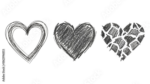Set of Three Hand-Drawn Hearts with Different Sketch Styles