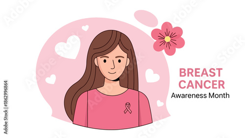 Breast Cancer Awareness Month concept, woman with pink ribbon and flower illustration