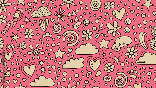 Pink Doodle Pattern Vector Illustration with Hearts, Stars, Clouds, and Flowers