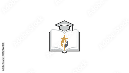 Educational book with graduation cap and religious cross symbol, representing spiritual learning and academic achievement.