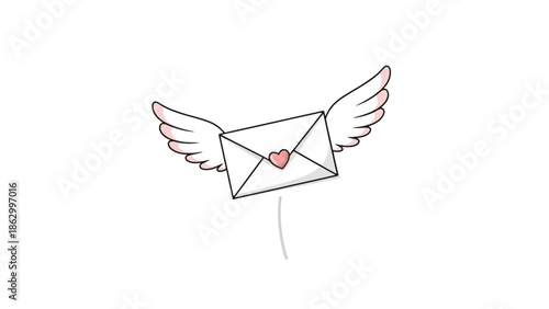 Flying love letter with wings and a heart seal, simple illustration.